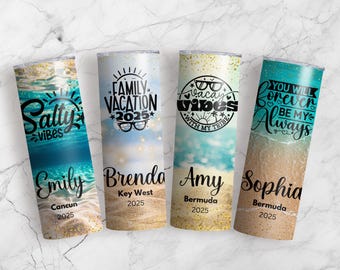 Personalized Beach Vacation Name Tumbler, Custom Girls Trip Skinny Cup, Family Vacation Tumbler, Custom Cruise Cup Gift
