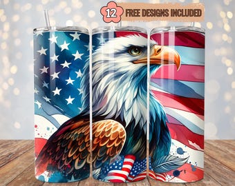 American Eagle Tumbler Wrap PNG, Patriotic USA Flag 20 oz Skinny Tumbler Sublimation Design, 4th of July Digital Download
