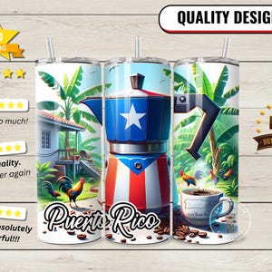 May include: A set of three stainless steel tumblers with a colorful design featuring a coffee pot, palm trees, and the words "Puerto Rico".