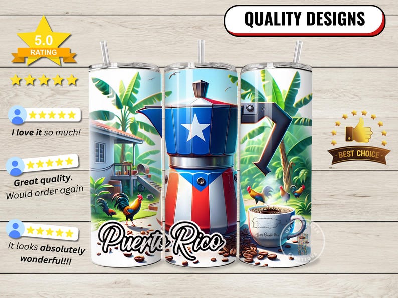 May include: A set of three stainless steel tumblers with a colorful design featuring a coffee pot, palm trees, and the words "Puerto Rico".