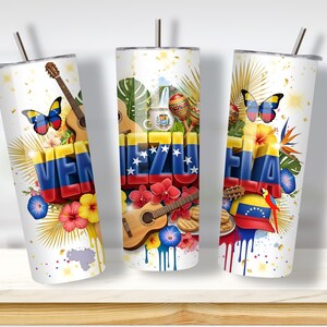 May include: White insulated tumbler featuring the word "VENEZUELA" in red, blue, and yellow, with a guitar, flowers, and a butterfly. The design includes the Venezuelan flag and map, with a silver straw.