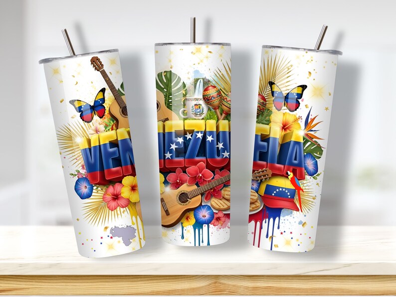 May include: White insulated tumbler featuring the word "VENEZUELA" in red, blue, and yellow, with a guitar, flowers, and a butterfly. The design includes the Venezuelan flag and map, with a silver straw.