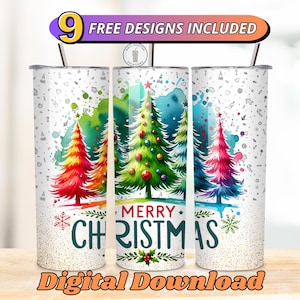 Envoltorio para vaso con texto en inglés &quot;Merry Christmas&quot;, diseño de sublimación de vacaciones navideñas PNG, descarga digital de envoltorio para vaso delgado de 20 oz, diseño de árbol de Navidad colorido