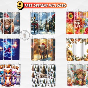 May include: Nine different designs of insulated tumblers are displayed, each with a unique graphic. Designs include a Highland cow in a Santa hat, a winter village scene, floral patterns, a Santa Claus, pumpkins, sunflowers, and cats. The text "Best MOM Ever" is visible.