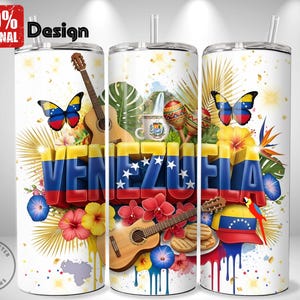 May include: A white tumbler featuring a vibrant design with the word "VENEZUELA" in bold, colorful letters. The design includes guitars, butterflies, flowers, and the Venezuelan flag, with the text "100% ORIGINAL Design".