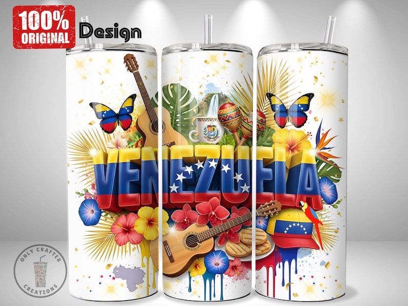 May include: A white tumbler featuring a vibrant design with the word "VENEZUELA" in bold, colorful letters. The design includes guitars, butterflies, flowers, and the Venezuelan flag, with the text "100% ORIGINAL Design".