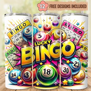 May include: A white tumbler with a colourful design featuring bingo balls, cards, and the words "Lucky Bingo".