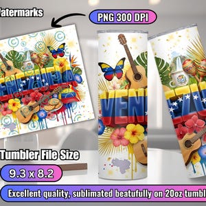 May include: A white 20oz tumbler featuring a design with the word "Venezuela" in red, yellow, and blue, along with guitars, butterflies, and flowers. The design includes the Venezuelan flag and map. The tumbler file size is 9.3 x 8.2 inches.