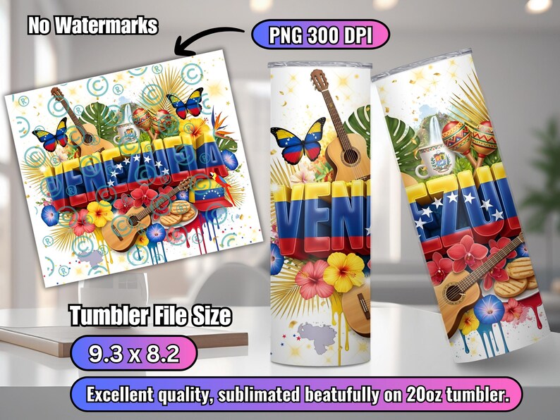 May include: A white 20oz tumbler featuring a design with the word "Venezuela" in red, yellow, and blue, along with guitars, butterflies, and flowers. The design includes the Venezuelan flag and map. The tumbler file size is 9.3 x 8.2 inches.