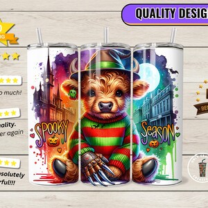 May include: A set of three stainless steel tumblers with a Halloween theme. Each tumbler features a different design: a Highland cow in a Freddy Krueger sweater, the word "Spooky", and the word "Season". The tumblers have a straw.