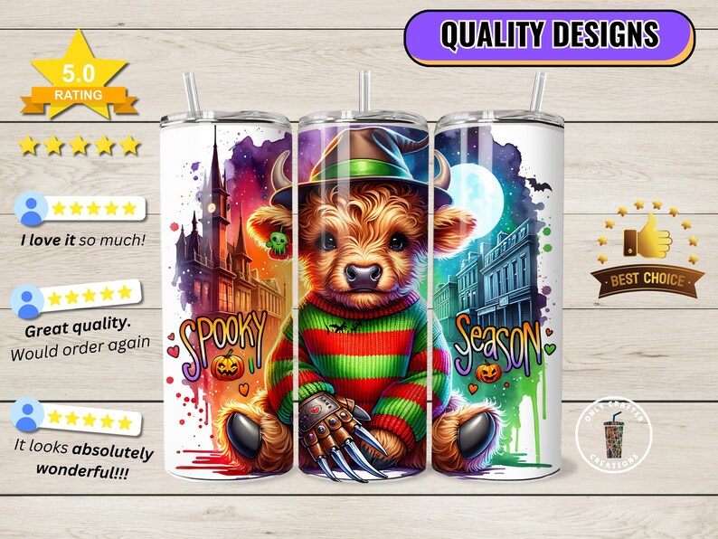 May include: A set of three stainless steel tumblers with a Halloween theme. Each tumbler features a different design: a Highland cow in a Freddy Krueger sweater, the word "Spooky", and the word "Season". The tumblers have a straw.