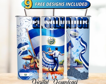 El Salvador Flag 20oz Tumbler Wrap PNG, Salvadoran Pride Sublimation Design, Guanaco Gift, Central America Coat of Arms, Digital Download