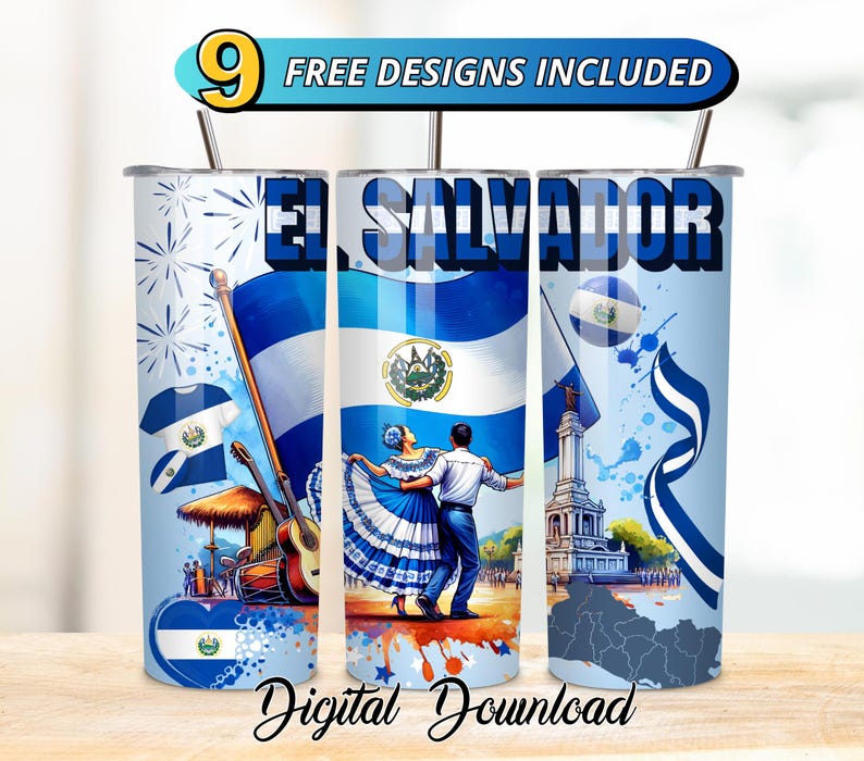 May include: A set of three stainless steel tumblers with a design featuring the flag of El Salvador and dancers in traditional clothing. The tumblers are blue, white, and red with a white background. The text "El Salvador" is printed on the tumblers.