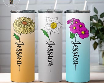 Bridesmaid Proposal Gift, Personalized Birth Flower Tumbler with Name, Custom 20oz Stainless Steel Cup for Wedding Party