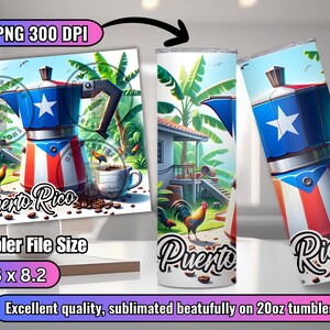 May include: A sublimation design featuring a red, white, and blue coffee pot with the words "Puerto Rico" on a background of coffee beans and a tropical scene. The design is meant to be used on a 20oz tumbler.