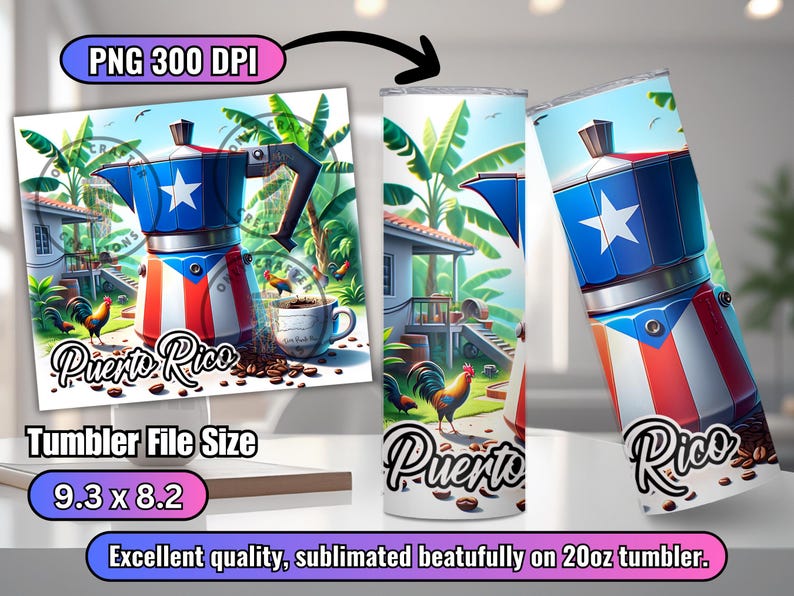 May include: A sublimation design featuring a red, white, and blue coffee pot with the words "Puerto Rico" on a background of coffee beans and a tropical scene. The design is meant to be used on a 20oz tumbler.