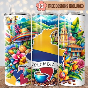 May include: Three stainless steel tumblers with colourful Colombian-themed designs. Each tumbler showcases a different illustration, including a map, landmarks, and floral elements. The word "COLOMBIA" is displayed on one tumbler.