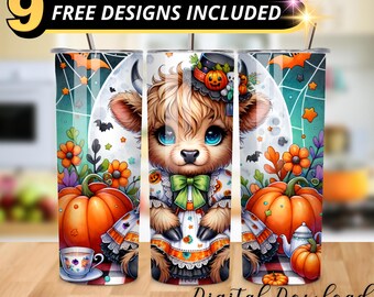 Cute Halloween Highland Cow Tumbler Wrap, Witch Costume (Digital Download PNG)