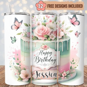 Benutzerdefinierter Name Happy Birthday Tumbler Wrap 20 oz, Geburtstagskuchen PNG, personalisierte Skinny Tumbler Design, Geburtstagsgeschenkverpackung, digitaler Download