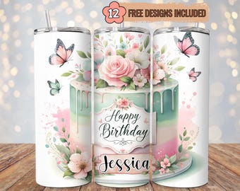 Paquete de imágenes PNG para envolver vasos de cumpleaños personalizados con nombre, 20 oz, diseño delgado, sublimación, diseño personalizado, descarga digital.