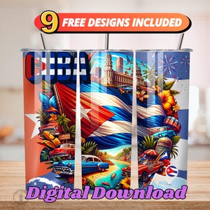 以下が含まれることがあります： キューバの国旗、車、建物が描かれた、昇華タンブラーのデザイン3点セット。あらゆる機会にパーソナライズされたタンブラーを作成するのに最適です。