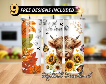 Fall Highland Cow 20oz Tumbler Sublimation Design (Digital Download)