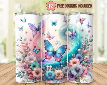 Butterfly Tumbler Wrap: Pink Teal Wildflower Glitter (Digital Download)