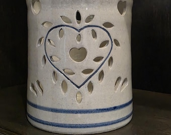 Keaton Stoneware Crock Salt Glazed Candle Holder with heart cut outs 1996