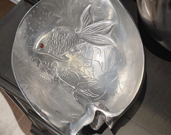 Vintage Arthur Court Koi Fish Motif footed serving bowl with Carnelian Gemstone eyes 1977