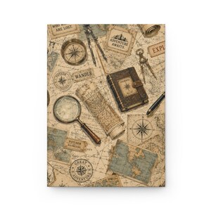 Vintage Map Travel Collage Hardcover Journal | Explorer Globe Compass Notebook | Midnight Study  Club Collection