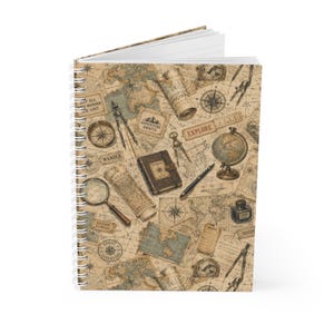 Vintage Travel Map Spiral Notebook | Explorer Globe Compass Journal | Midnight Study  Club Collection