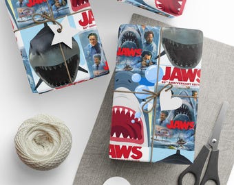 Jaws 50th Anniversary Shark Pattern Wrapping Paper | Blue Red Shark Repeat Holiday Wrap