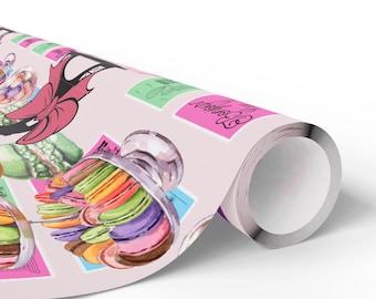 Macarons and Tea Illustrations Wrapping Paper | Dessert Pattern Gift Wrap Roll