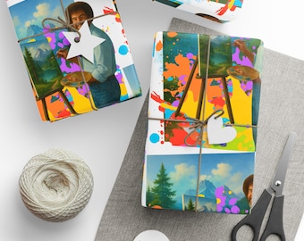 May include: Gift wrap featuring colorful art and images of a painter with an easel. The wrapped gifts are tied with twine and adorned with star and heart-shaped tags. A spool of twine and scissors are also visible.