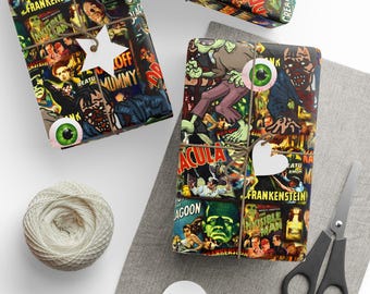 May include: Wrapped gifts featuring vintage horror film posters. Each parcel is tied with twine and decorated with a star, heart-shaped tags, and a green eyeball. A ball of twine and scissors are also visible.