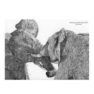 May include: A black and white pencil drawing of two elephants facing each other with their trunks intertwined. The drawing is signed "Amanda Smith-Mitchell Artwork" in the top right corner.
