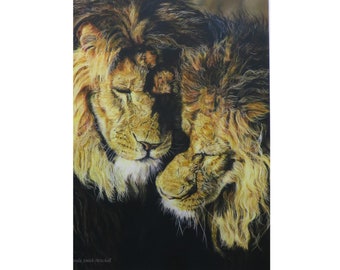 Two Male Lions Greeting Each Other, Signed And Mounted Giclée Art Prints