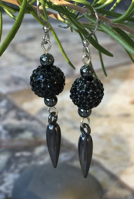 Black Jet Pave Crystal Earrings, Gunmetal Spike Charm, Gunmetal Crystals Ball, Silver Pave Drop, Pave Ball Earrings, Stainless Steel EarWire