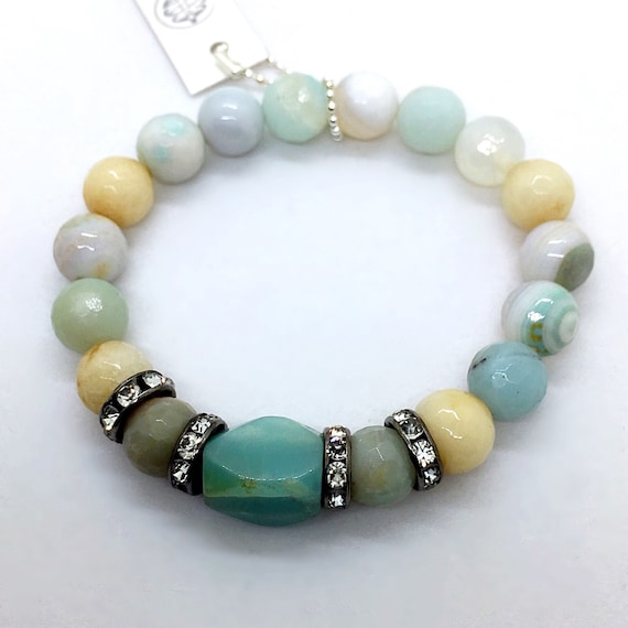 Amazonite Beads Bracelet, CZ Pave, Natural Stone, Pave Bracelet, Boho Jewelry, Beach Jewelry, Healing Protection Bracelet