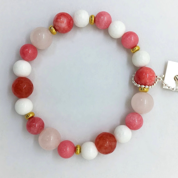 Rose Quartz Bracelet with Pink and White Jade, Valentines Day Gift, Boho Gemstone Bracelet, Gift for her, Genuine, Colorful, Stretch, Gold