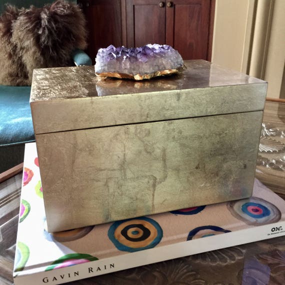 XL Gold Brushed Decor Box with gorgeous Amethyst Cluster, Luxury tabletop home decor gem Display, beautifully conceals and organizes items!