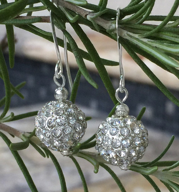 Silver Pave Drop Earrings, Crystal Ball, Metal Rhinestone Pave Drop, Silver CZ Earrings, Silver Plated French Ear Wire, Christmas, Bridal