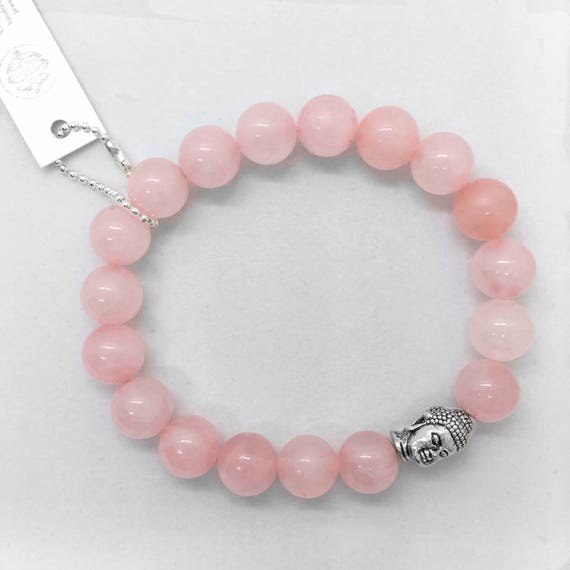 Rose Quartz, Buddha Head Bracelet, Valentines Day Gift, Gemstone of Love, Boho Rose Quartz Healing Bracelet, Pewter Buddha Head Pink jewelry