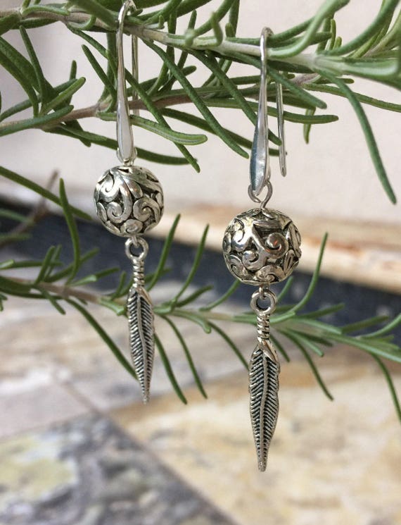 Antique Silver, Filigree Scroll Bead, Silver Feather, Dangle Earrings, Filigree Drop Earrings, Boho Earrings, Yoga Earrings, Tribal Earrings