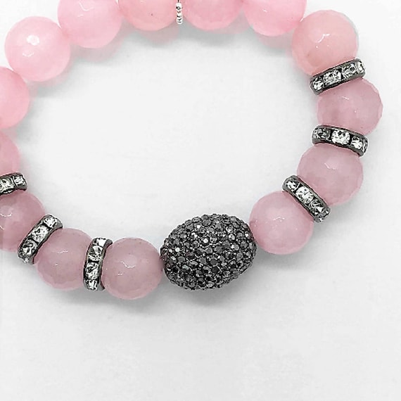 Rose Quartz & Hematite Bracelet, Pink Valentines Day Gift for Her, Gunmetal Pave Hematite Semi Precious Gemstone Bead Healing Bracelet, Boho