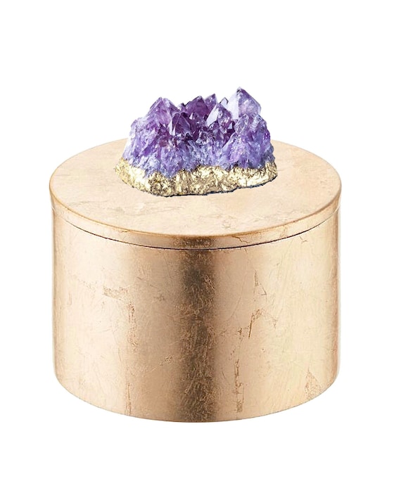 Amethyst Cluster Gemstone Storage Box - Round Gold Lacquer Jewelry Box - Vanity and Desk Accessory- Wellness Gift- Natural Home Decor