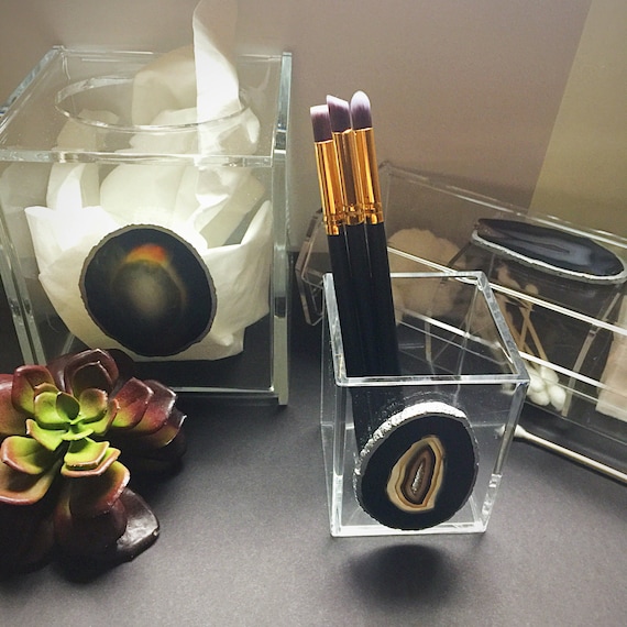 Custom Orders Available Now! 3 piece set- Black Agate on Lucite Vanity / Countertop Organizers, Tissue Box Cover