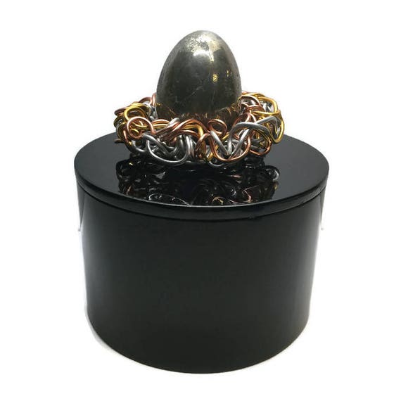 Pyrite Gemstone Egg in Nest topped Black Lacquer Box - storage for vanity dresser office desk, gift for him her boss teacher lover mother