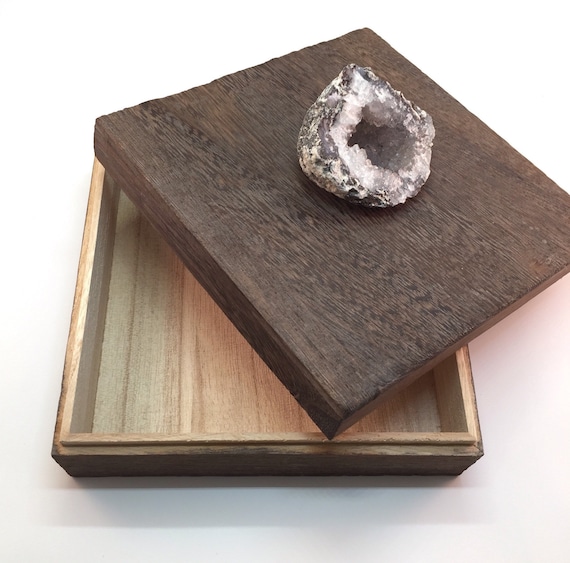 Natural Druzy Geode Decorative Box, Wooden Gemstone Box, Valentine's Day gift for him, office, desk, vanity, valet, tabletop. rock hounds