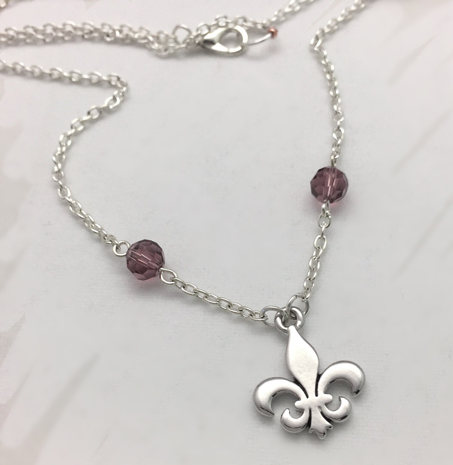 Dainty Silver Necklace, Fleurdelis, Amethyst, Purple, Fleur De Lis